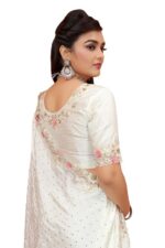 Cream Heavy Sequence Coding Embroidered Border Work Satin Silk Saree Sari For Women and Girls with Attach Blouse Piece - Image 3