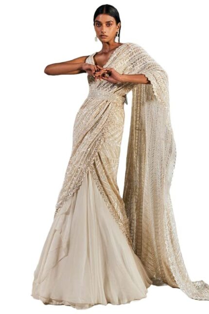 Women's frill ruffle ready to wear saree for wedding mehandi party diwali haldi reception navratra gift.