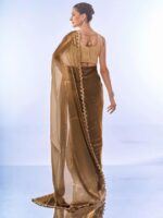 Women's Organza Lightweight Lace Work Saree With Art Silk Sequence Work Golden Unstitched Blouse Piece - Image 4