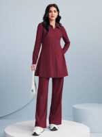 Women's Solid Color Two-Piece Set | Long Sleeve Top & Wide Leg Pants Co-ord Set - Image 2