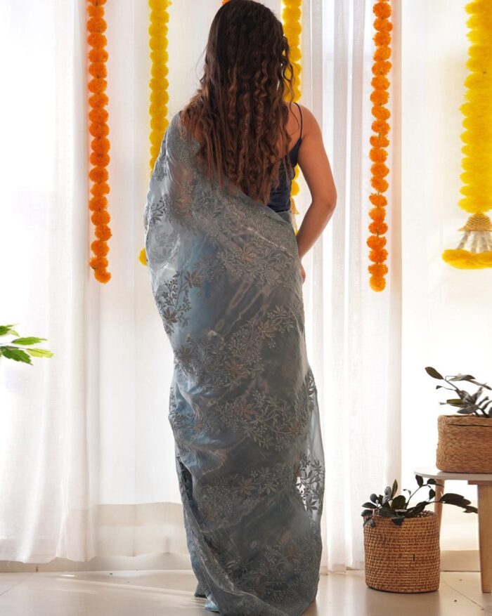 Women Embroidered Semi-Sheer Organza Saree - Image 2