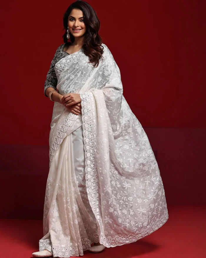 Women Embroidered Saree with Scalloped Border - Image 1