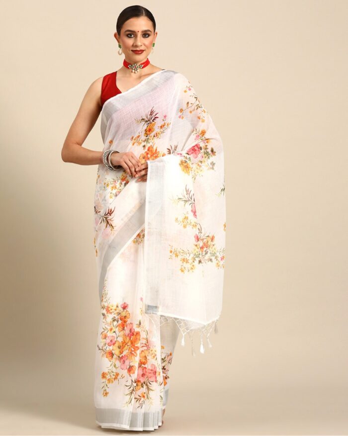 Women Floral Print Saree with Tassels - Image 1