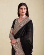 Women Embroidered Saree with Contrast Border - Image 7