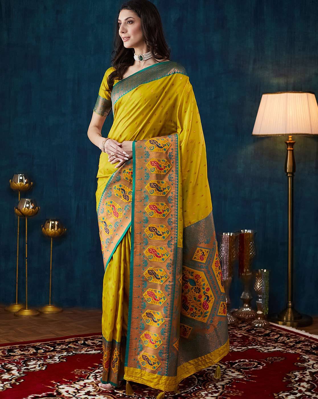 -1117Wx1400H-701342195-green-MODEL2 Women Silk Traditional Saree with Zari Border - Image 1