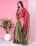 Women Floral Woven Banarasi Saree with Contrast Border - Image 2