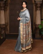 Women Handloom Cotton Silk Saree with Golden Border - Image 3